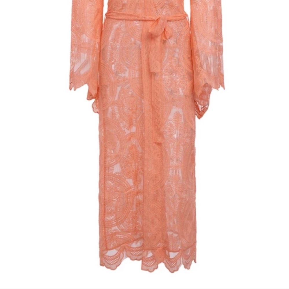 Peachy Cream Boho Scalloped Embroidered Malie Kimono Duster, Cotton Stretch Lace - Picture 9 of 10